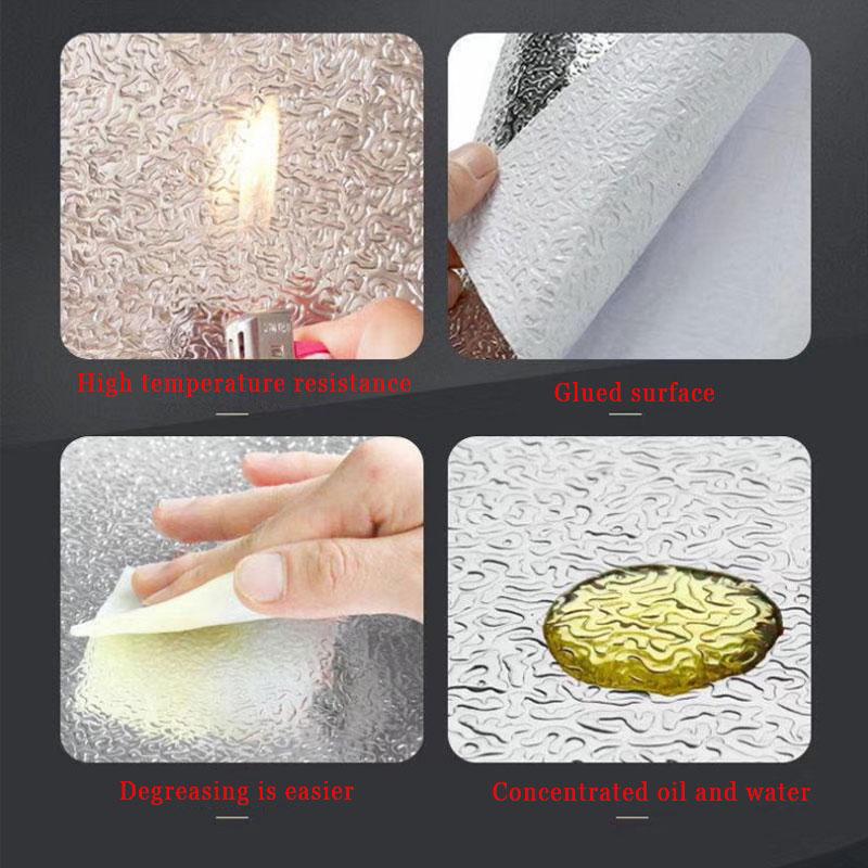 ForKumi aluminum foil kitchen sticker showing heat resistance, glued surface, easy degreasing, and oil water resistance