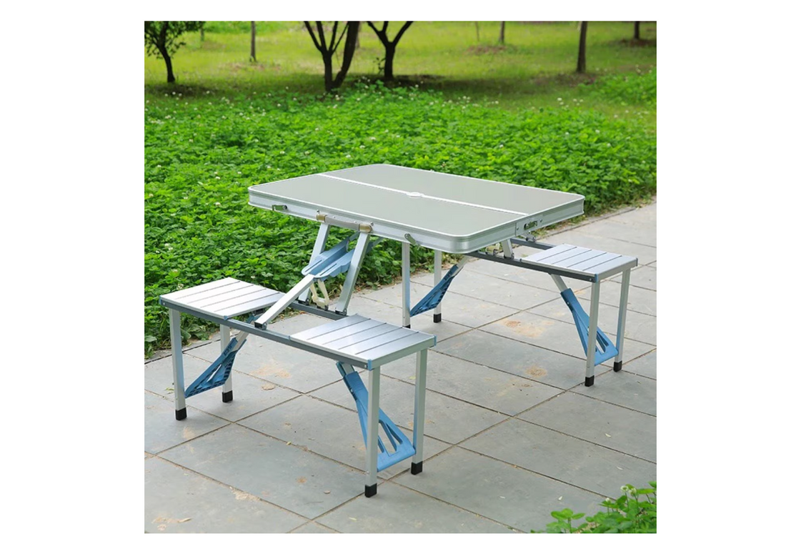 ForKumi folding patio table set with attached benches in white and blue, perfect for outdoor use