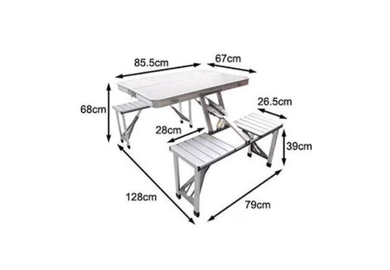 ForKumi folding patio table set with integrated benches and detailed dimensions in centimeters