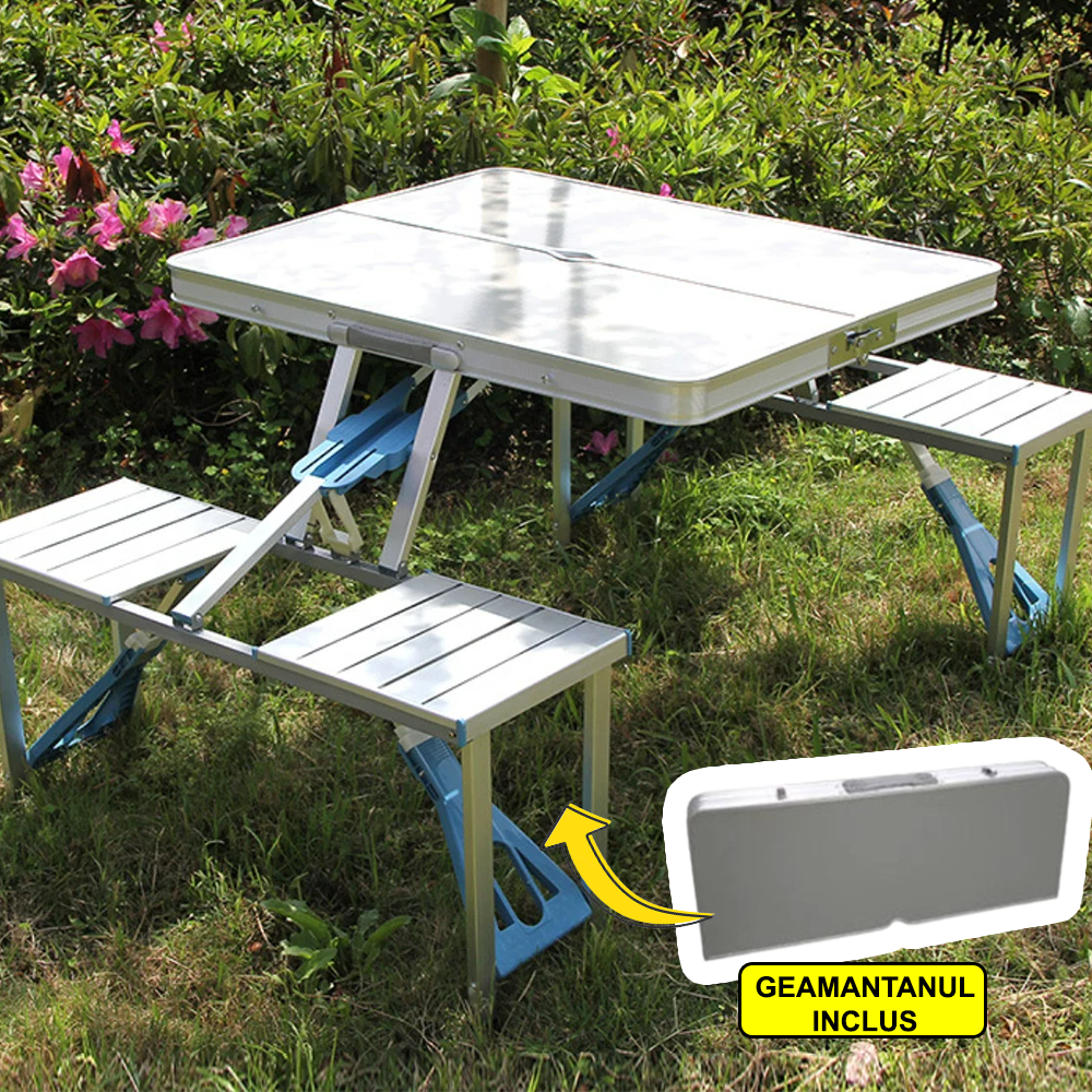 ForKumi folding patio table set with attached benches in white and blue, perfect for outdoor use