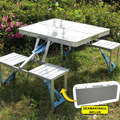 ForKumi folding patio table set with attached benches in white and blue, perfect for outdoor use