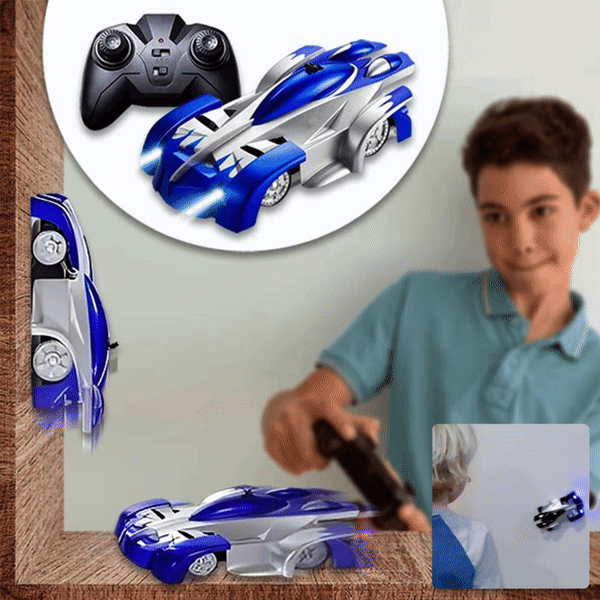 ForKumi anti-gravity remote control car in blue silver with controller climbing wall and kid playing