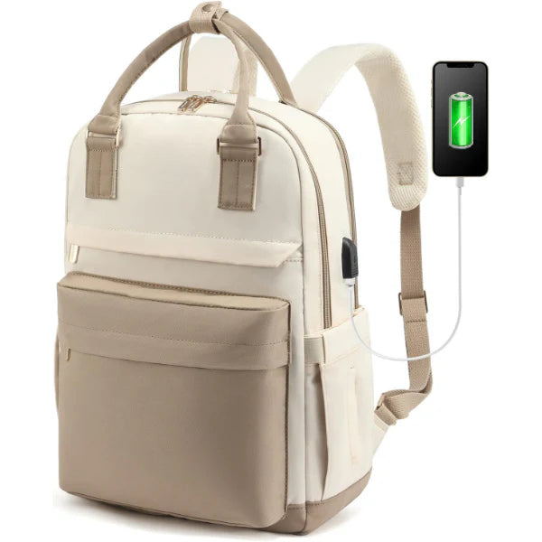 ForKumi beige and brown anti-theft travel backpack with USB charging port for secure travel