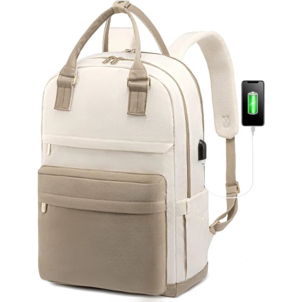 ForKumi home series anti-theft travel backpack in beige with USB charging port and multiple compartments