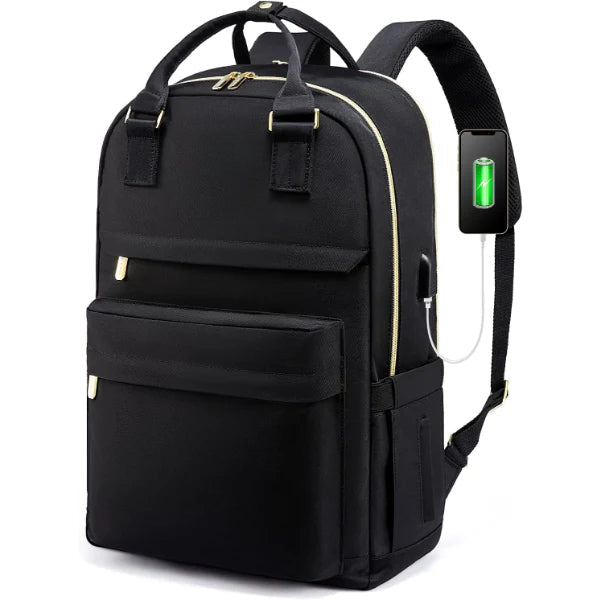 ForKumi black anti-theft travel backpack with gold zippers and USB charging port