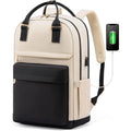 ForKumi anti-theft travel backpack in beige and black with USB charging port and padded straps