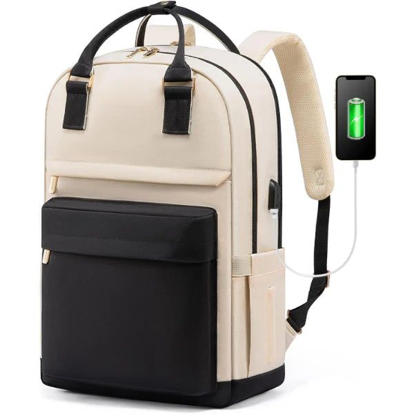ForKumi anti-theft travel backpack in beige and black with USB charging port and padded straps