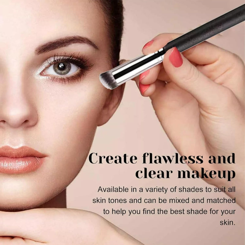 Avis under eye corrector for dark circles applied with makeup brush on woman’s face for flawless skin