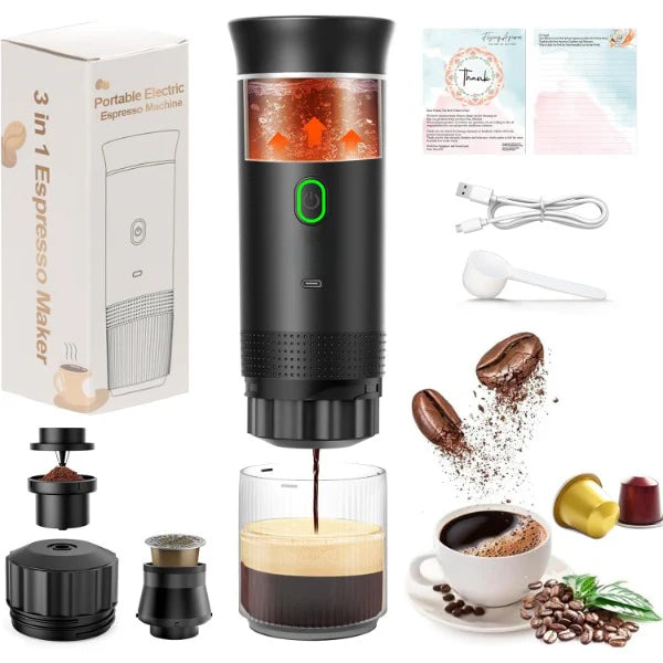 ForKumi travel espresso maker with portable electric 3 in 1 design and accessories for fresh coffee brewing