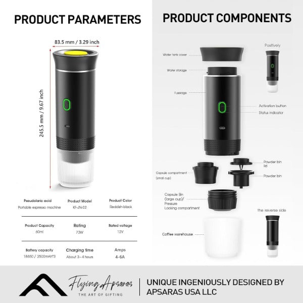 ForKumi travel espresso maker with accessories and fresh brewed coffee setup