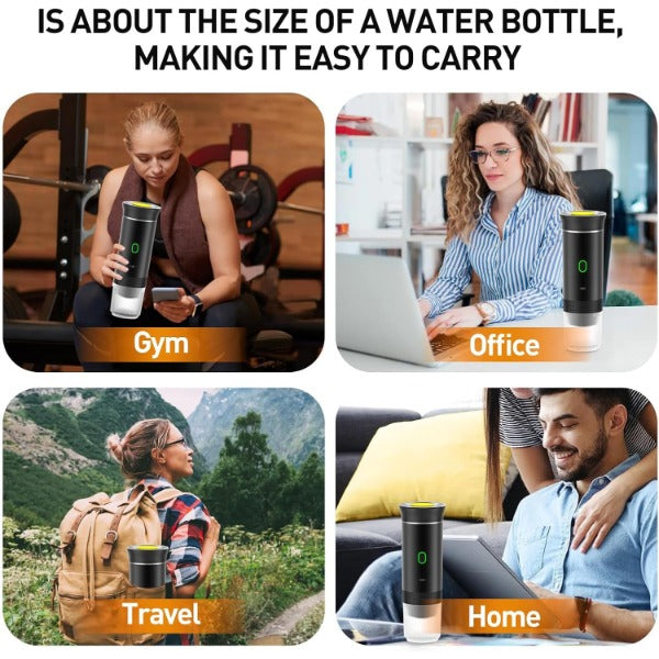 ForKumi travel espresso maker shown in gym, office, travel, and home settings with easy portability