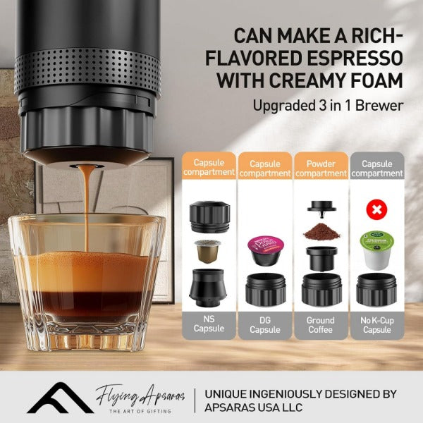ForKumi travel espresso maker brewing rich espresso with creamy foam and multiple capsule compartments