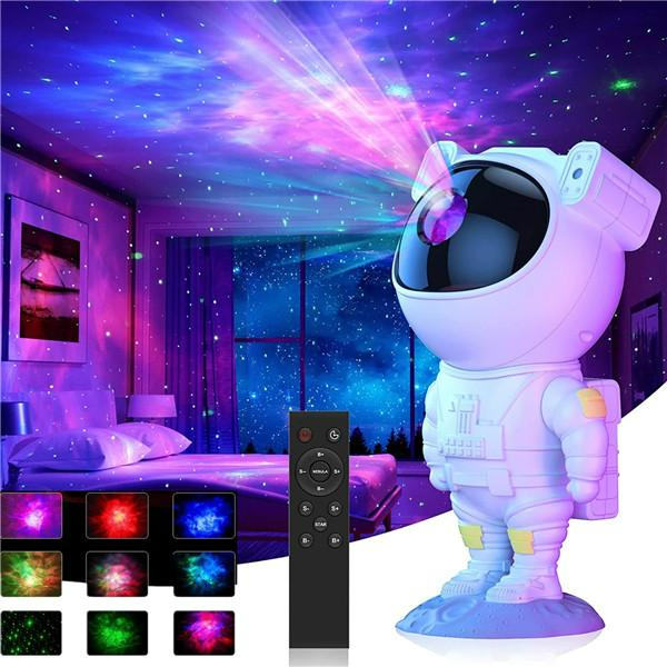 ForKumi astronaut galaxy projector night light casting colorful star and galaxy patterns in a bedroom with remote control