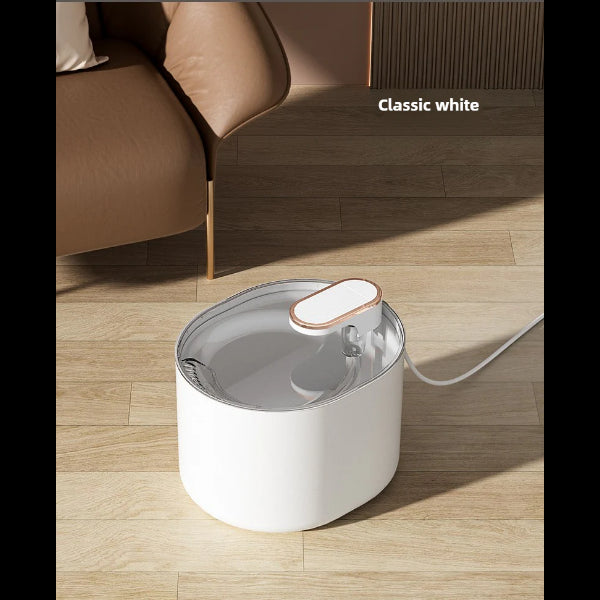 ForKumi classic white automatic pet water fountain placed on wooden floor near brown sofa