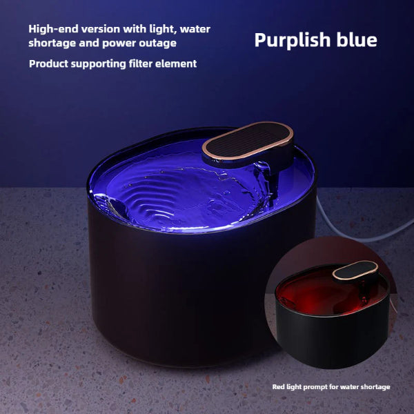 ForKumi purple automatic pet water fountain with LED light and water shortage alert