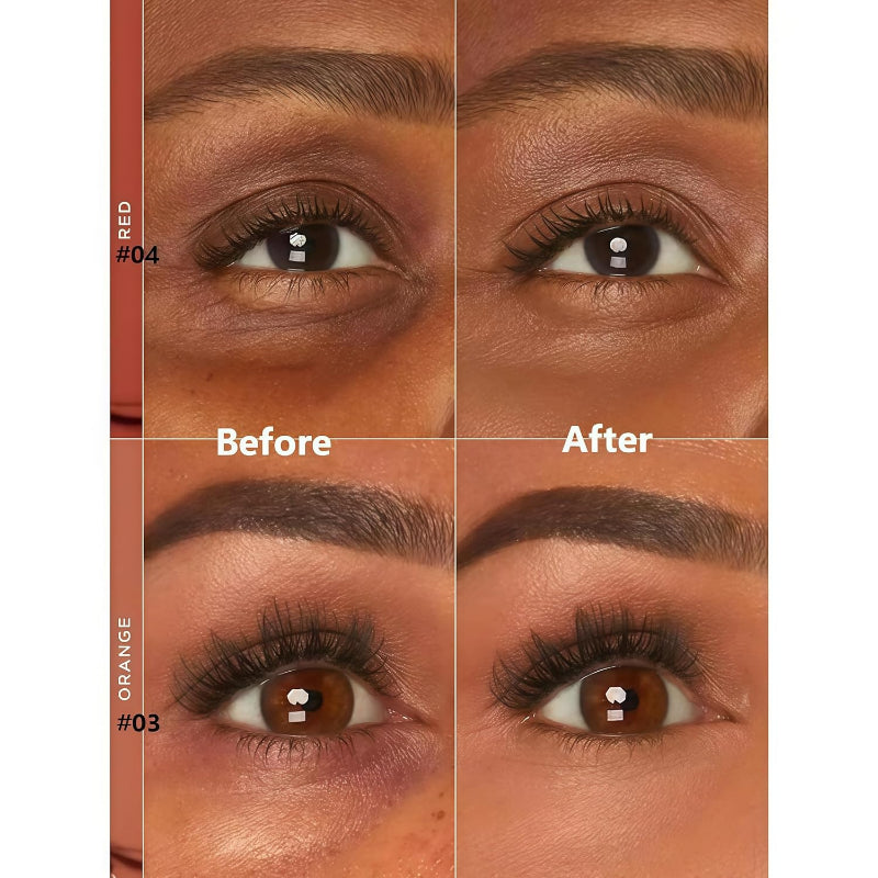 Avis under eye corrector for dark circles showing before and after results with red and orange shades