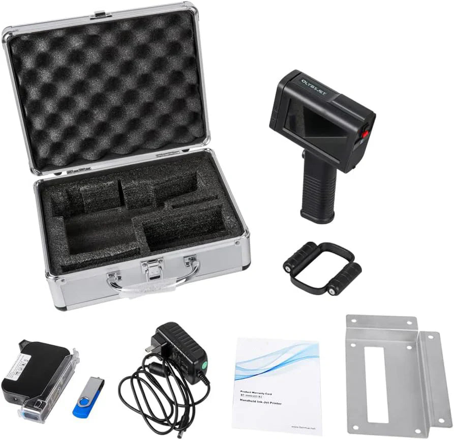 4.3 inch touch screen printer with carrying case, power adapter, USB drive, and mounting accessories