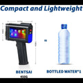 Compact 4.3 inch touch screen printer weighing 450 grams shown next to a bottled water for size comparison