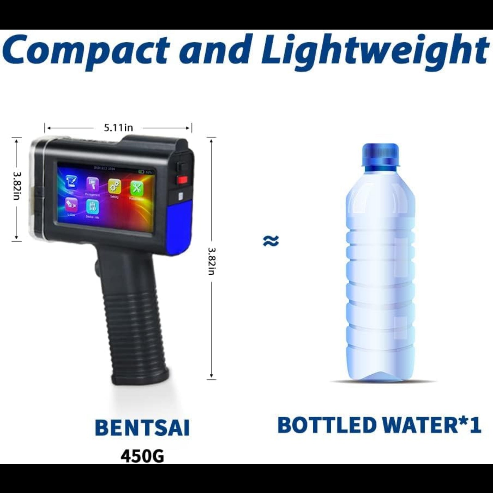 Compact 4.3 inch touch screen printer weighing 450 grams shown next to a bottled water for size comparison