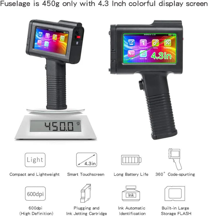 Compact 4.3 inch touch screen printer with colorful display and lightweight design weighing 450 grams