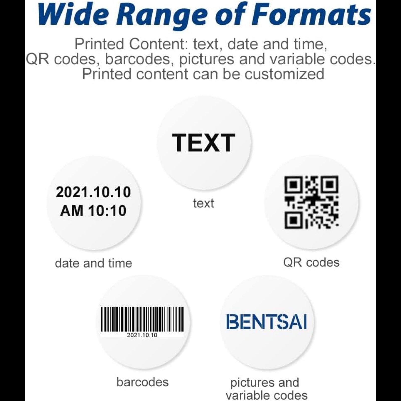 4.3 inch touch screen printer showing wide range of printable formats like text date QR codes and barcodes