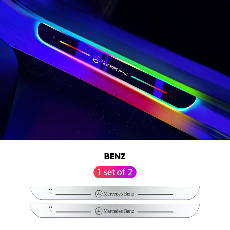 ForKumi magnetic RGB car LED strip installed on Mercedes Benz door sill with colorful lighting effects