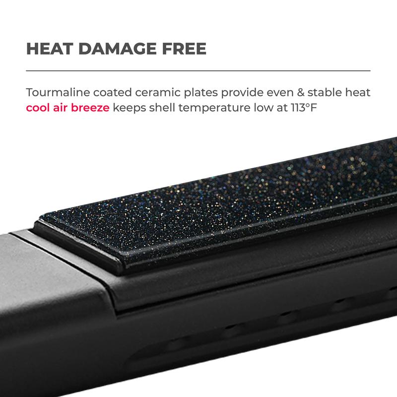 Close-up of Avis 2-in-1 curling iron and straightener with tourmaline coated ceramic plates for heat damage protection