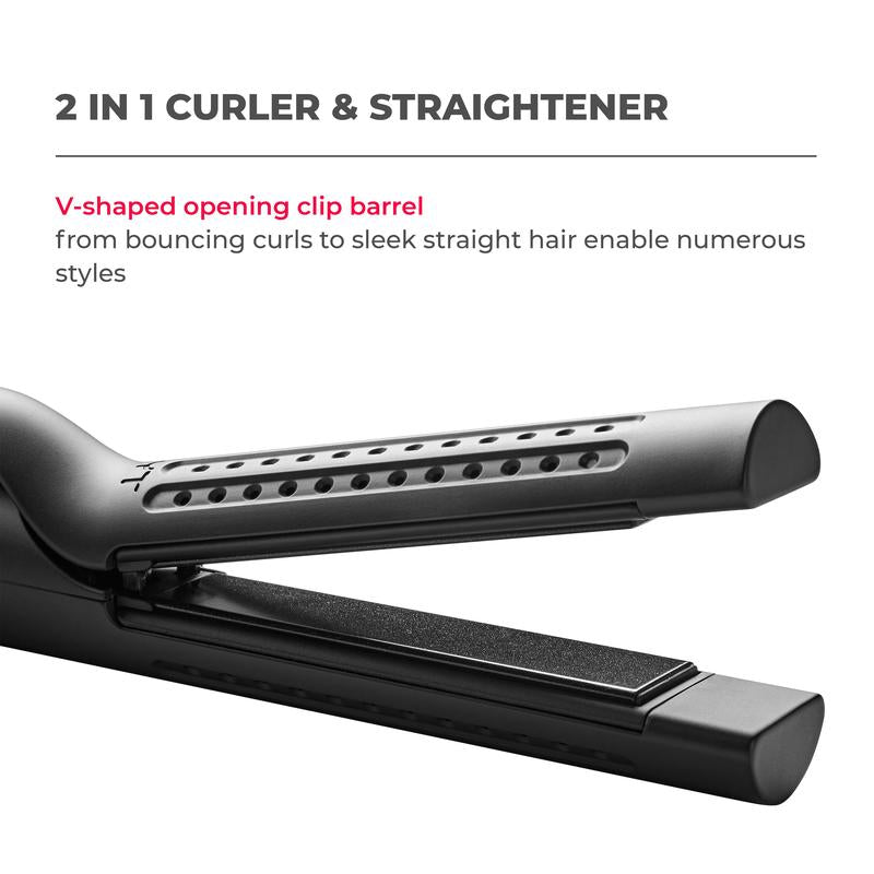 Avis 2-in-1 curling iron and straightener with V-shaped opening clip barrel for versatile styling