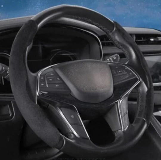 ForKumi black anti-slip steering wheel cover fitted on a car steering wheel for better grip
