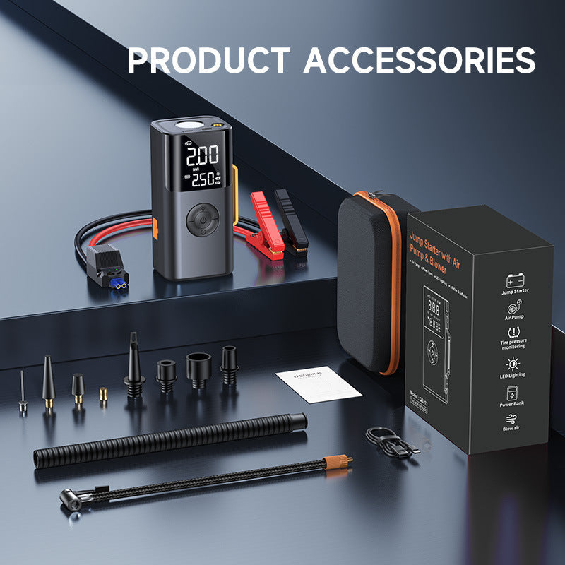 Avis 2025 car emergency kit with jump starter, air pump, LED lighting, and multiple nozzles