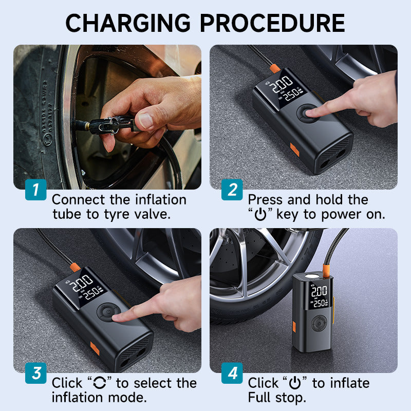 Avis 2025 car emergency kit portable tire inflator showing inflation steps with digital display