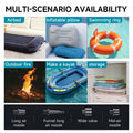 Avis 2025 car emergency kit showing inflatable airbed, pillow, swimming ring, outdoor fire, kayak, storage, and various air nozzles