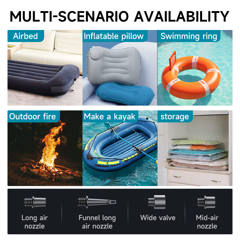 Avis 2025 car emergency kit showing inflatable airbed, pillow, swimming ring, outdoor fire, kayak, storage, and various air nozzles