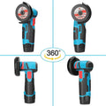 ForKumi 48V cordless angle grinder shown from multiple angles with blue and black ergonomic grip