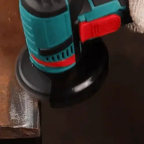 ForKumi 48V cordless angle grinder in use cutting metal with blue and red handle design