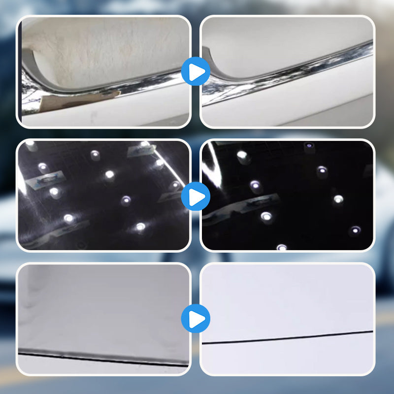 ForKumi cordless car buffer polisher showing before and after results on car surfaces and chrome trim