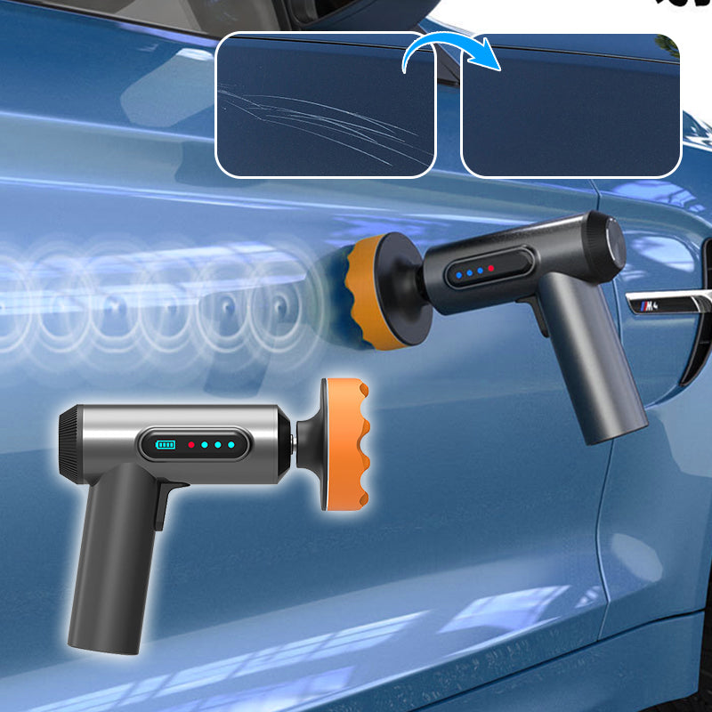 ForKumi cordless car buffer polisher removing scratches from blue car door with orange polishing pad
