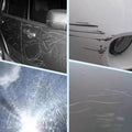 Before and after images showing car surface scratches removed using ForKumi cordless car buffer polisher