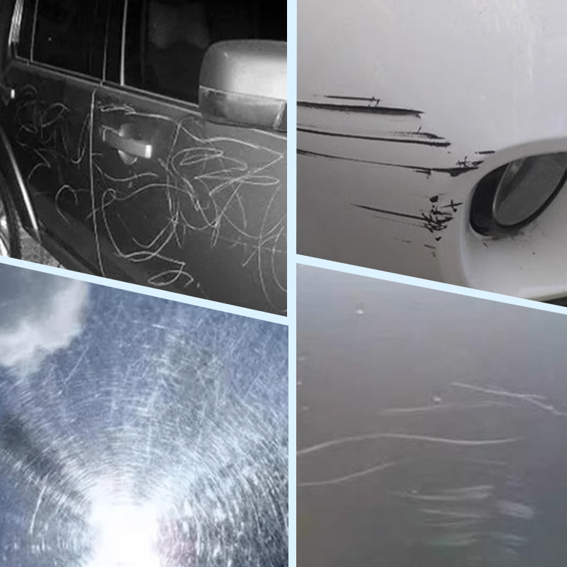 Before and after images showing car surface scratches removed using ForKumi cordless car buffer polisher