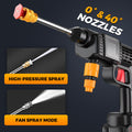 ForKumi cordless pressure washer with 0 and 40 degrees nozzles featuring high-pressure spray and fan spray mode