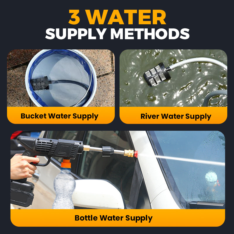 ForKumi cordless pressure washer showing three water supply methods including bucket, river, and bottle water supply