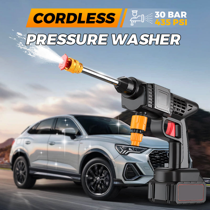 ForKumi cordless pressure washer spraying water in front of a silver SUV for car cleaning