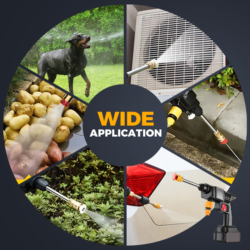 ForKumi cordless pressure washer spraying water on car, plants, air conditioner, dog, and vegetables for wide application