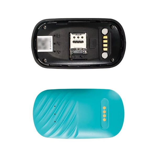 ForKumi ultra-light pet GPS tracker showing black interior with SIM slot and turquoise outer shell