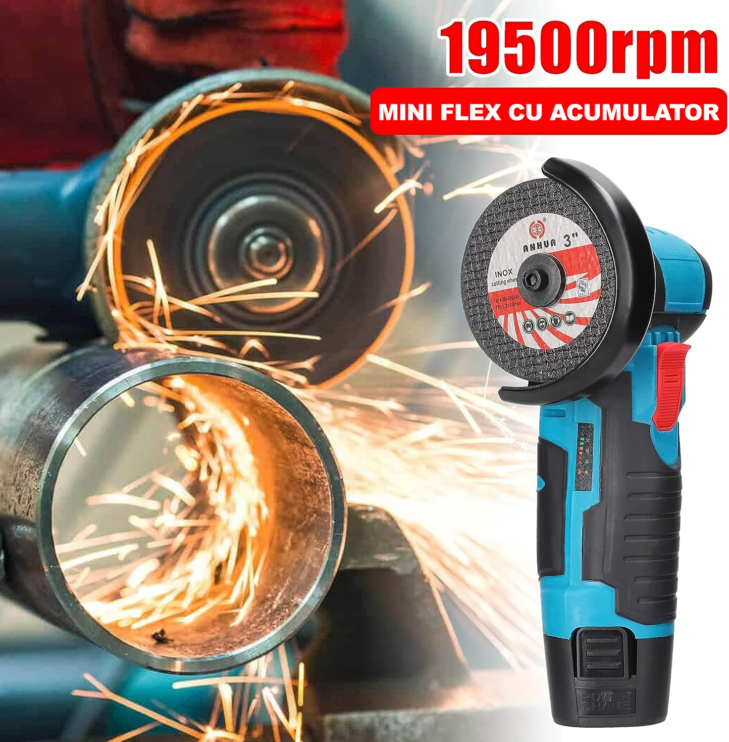 ForKumi brushless mini grinder 76mm in blue and black cutting metal pipe with sparks flying