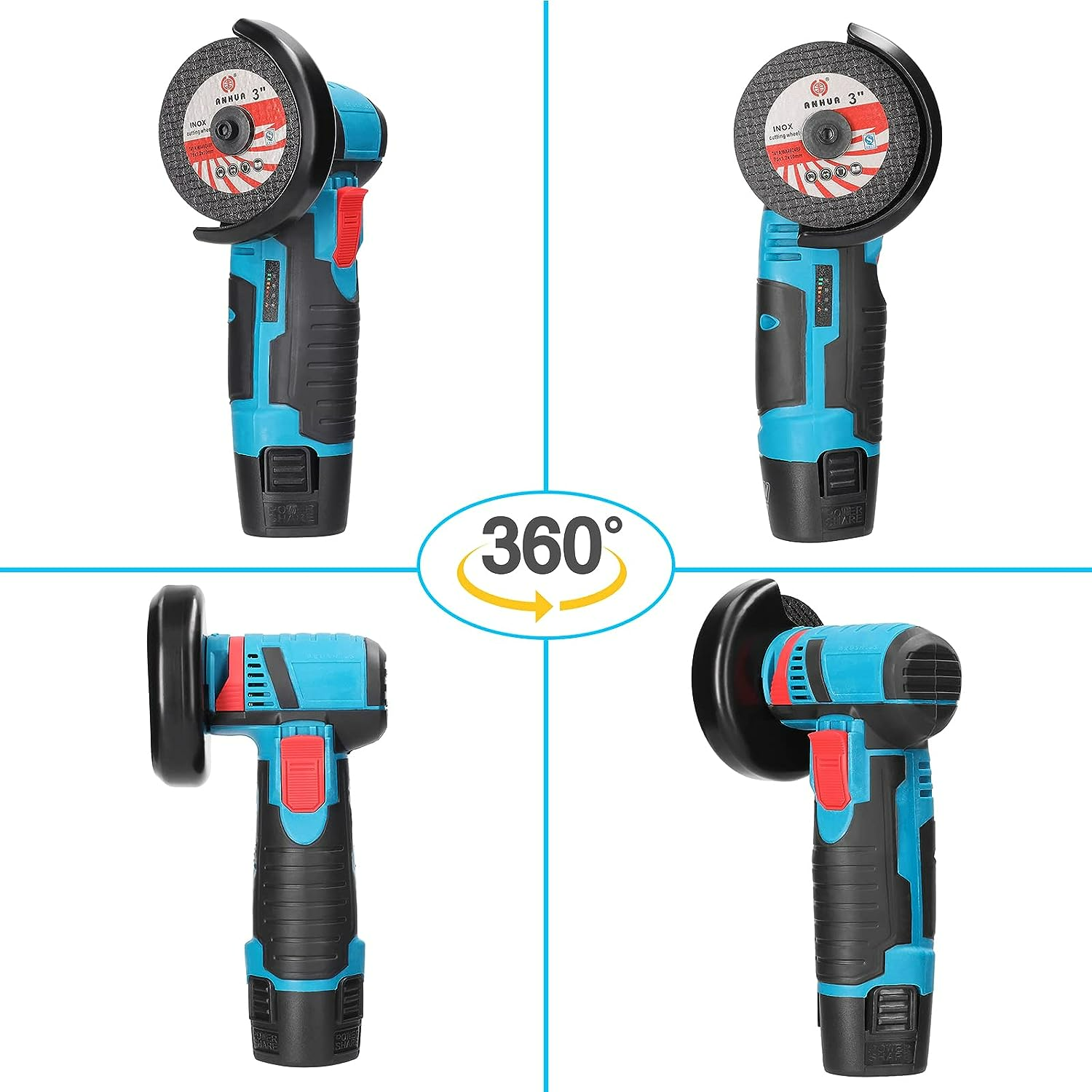 ForKumi brushless mini grinder 76mm in blue and black shown from multiple angles with safety guard