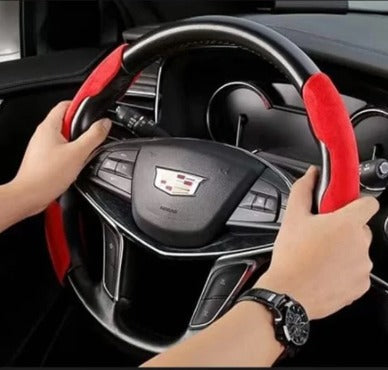 ForKumi anti-slip steering wheel cover in red and black installed on a car steering wheel
