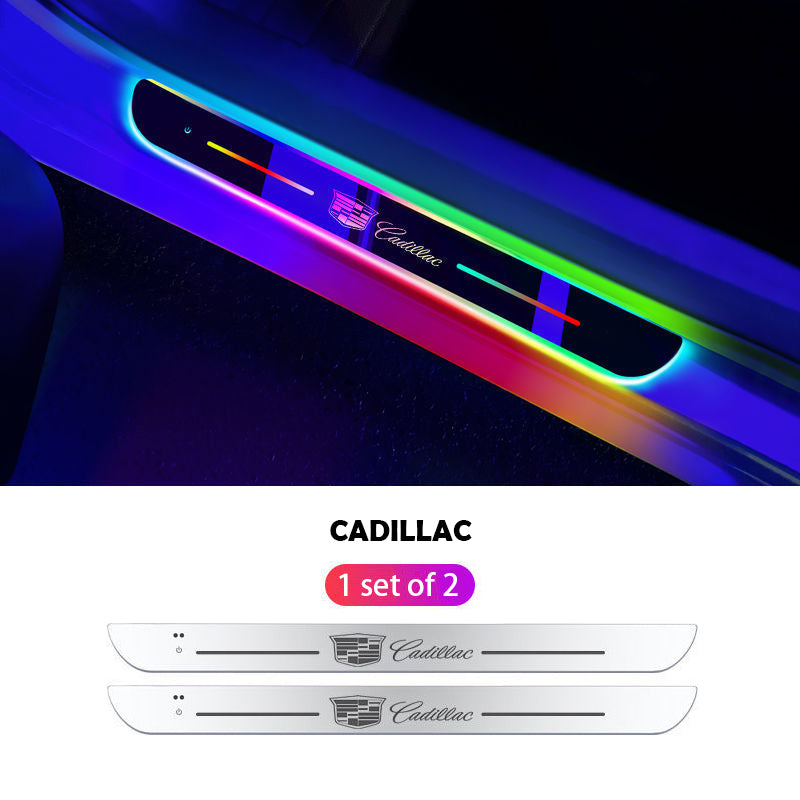 ForKumi magnetic RGB car LED strip installed on Cadillac door sill with colorful lighting effects