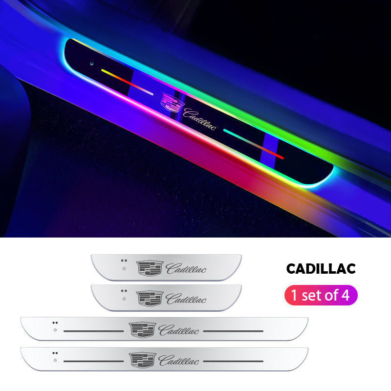ForKumi magnetic RGB car LED strip installed on Cadillac door sill with vibrant multicolor lighting