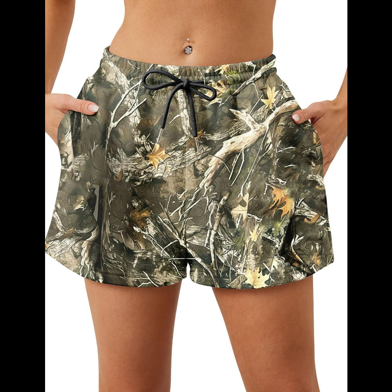 Avis camo elastic waist shorts with adjustable drawstring and side pockets for women
